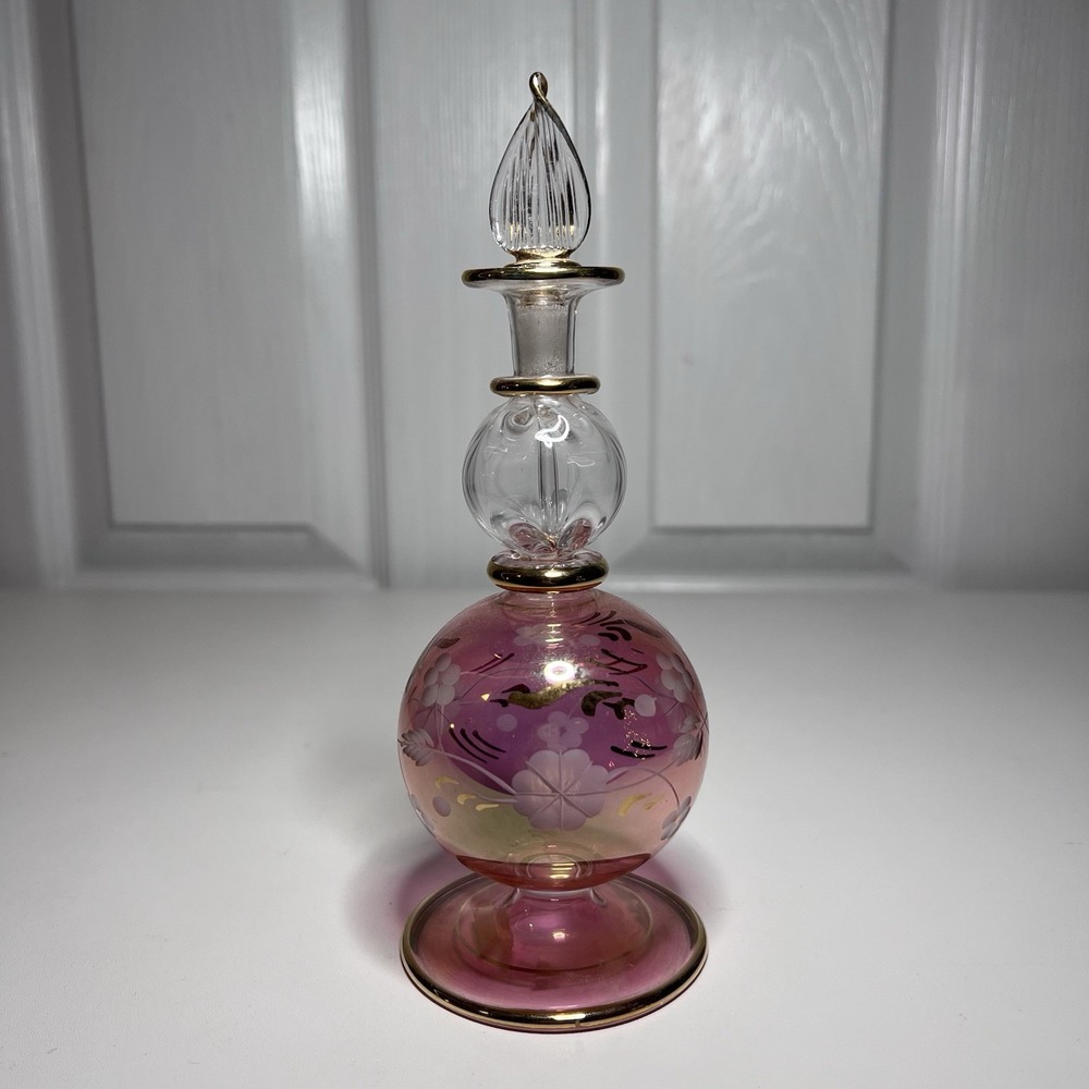 Egyptian‎ Venetian Pink and Gold Transparent Hand Blown Art Glass Perfume Bottle